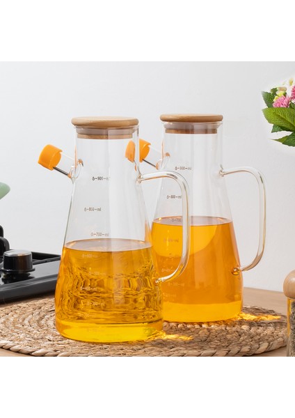 LM-0034 2'li Olivia Bambu Kapaklı Borosilikat Ölçekli Cam Yağlık Silikon Tabanlı Dereceli Yağdanlık 900 ml
