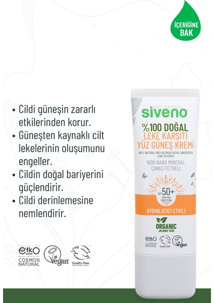 Doğal Yüz Güneş Kremi Aydınlatıcı Çinko Mineral Filtre UVA UVB SPF 50+ 30 ml