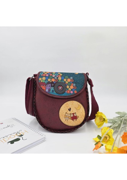 Baykuş Figürlü Çapraz Örgülü Kol Çantası Etnik Bohem Style - Bordo