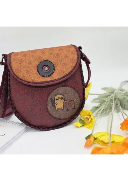 Rakun Figürlü Çapraz Örgülü Kol Çantası Etnik Bohem Style - Bordo