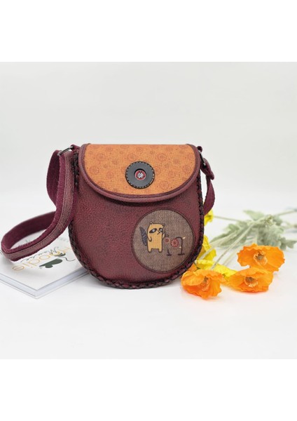 Rakun Figürlü Çapraz Örgülü Kol Çantası Etnik Bohem Style - Bordo