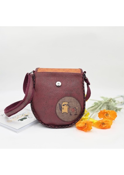 Rakun Figürlü Çapraz Örgülü Kol Çantası Etnik Bohem Style - Bordo