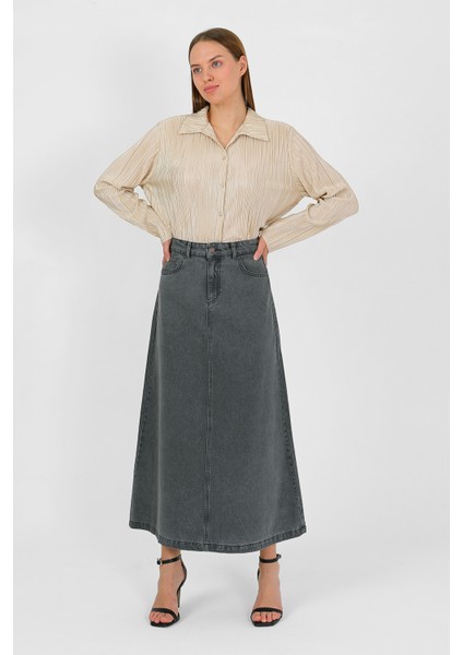 Yüksek Bel A Kesim Denim Etek