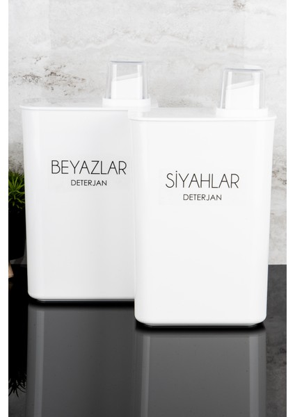 2'li Kendinden Ölçekli Deterjan Kutusu Seti Siyahlar Beyazlar Etiketli 3000ML Deterjanlık Seti