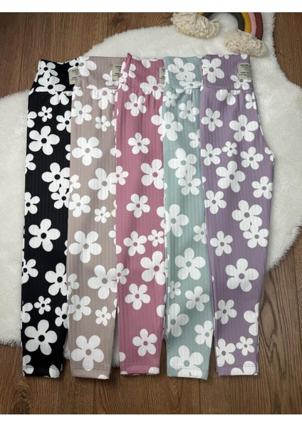 Mevsimlik Çiçek Baskılı Kız Çocuk Fitilli Tayt 4'lü Set