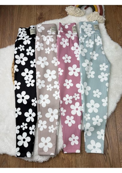 Mevsimlik Çiçek Baskılı Kız Çocuk Fitilli Tayt 4'lü Set