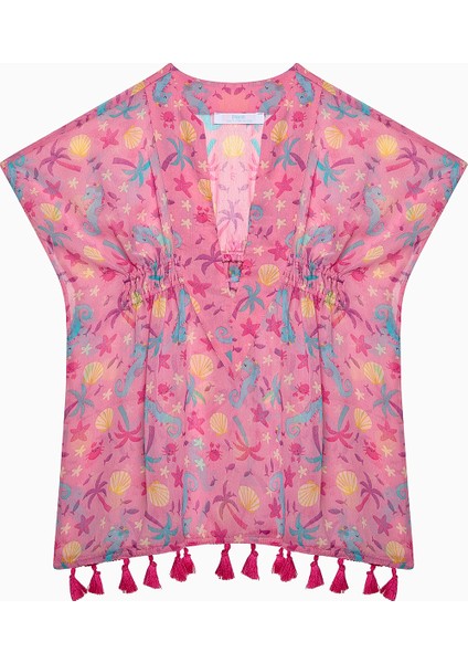Kız Çocuk Basic Printed Kısa Kollu V Yaka Kaftan