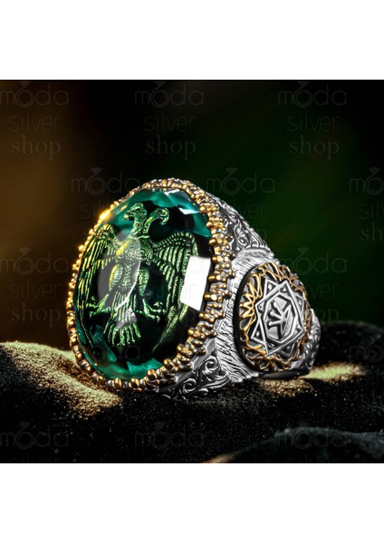 Gümüş Oğuz Kağan Mührü Işlemeli Çift Başlı Kartal Tasarım Erkek Yüzük