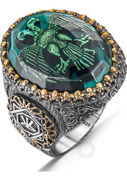 Gümüş Oğuz Kağan Mührü Işlemeli Çift Başlı Kartal Tasarım Erkek Yüzük fiyatları