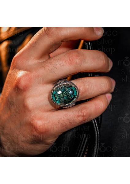 Gümüş Oğuz Kağan Mührü Işlemeli Çift Başlı Kartal Tasarım Erkek Yüzük modelleri