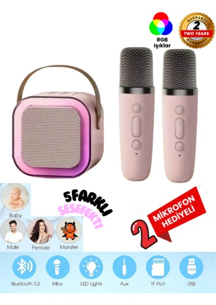 K12 Kablosuz Bluetooth Hoparlör Pembe Karaoke 2 Mikrofon Hediyeli Ses Efektli Rgb Hd Stereo Ses Usb/sd
