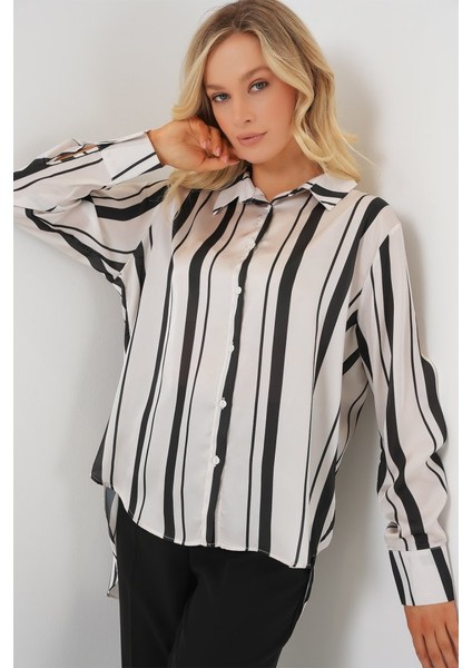 Çizgili Uzun Saten Gömlek 20291 - Siyah