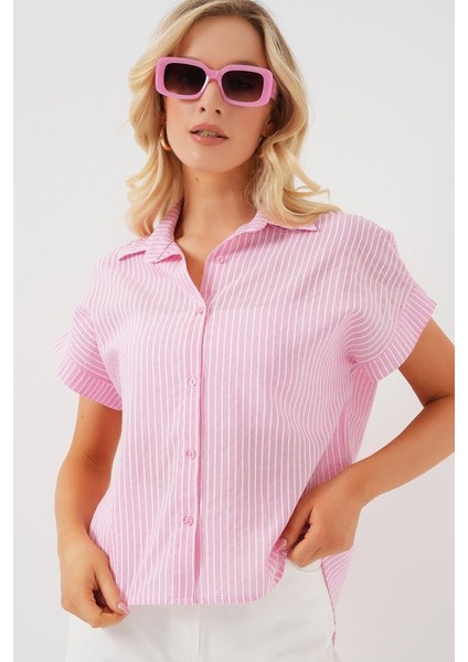 Çizgili Kısa Kol Gömlek 20324 - Pembe