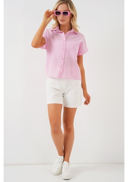 Çizgili Kısa Kol Gömlek 20324 - Pembe fiyatları