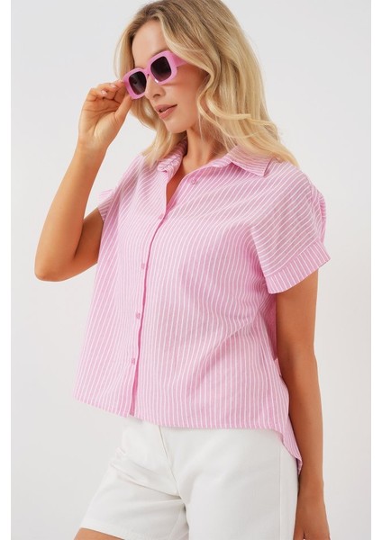 Çizgili Kısa Kol Gömlek 20324 - Pembe modelleri