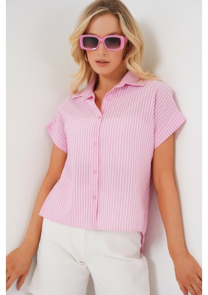 Çizgili Kısa Kol Gömlek 20324 - Pembe fırsatları