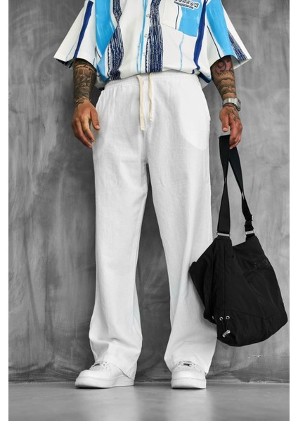 Erkek Baggy Fit Keten Görünümlü Pantolon Beyaz