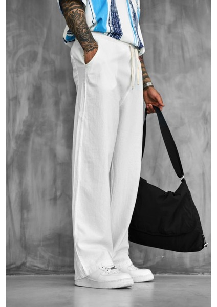 Erkek Baggy Fit Keten Görünümlü Pantolon Beyaz fiyatları