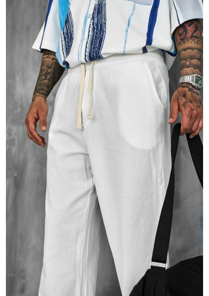 Erkek Baggy Fit Keten Görünümlü Pantolon Beyaz fırsatları