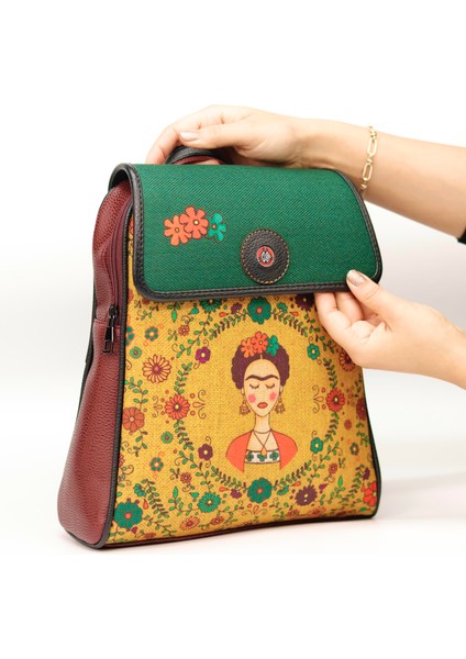 Klasik Frida Figürlü Kapaklı Sırt Çantası Etnik Bohem Style - Bordo