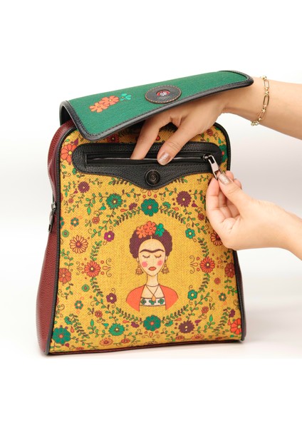 Klasik Frida Figürlü Kapaklı Sırt Çantası Etnik Bohem Style - Bordo fırsatları