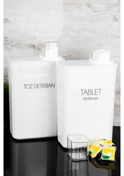 2'li Kendinden Ölçekli Deterjan Kutusu Seti Toz Deterjan Tablet Deterjan Etiketli 3000ML Deterjanlık
