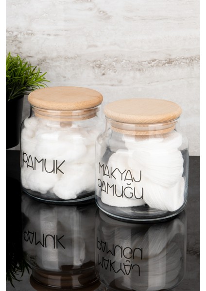 2'li 500ML Ahşap Kapaklı Cam Pamuk Seti Şeffaf Etiketli Pamuk ve Makyaj Pamuğu Banyo Organizer Seti modelleri