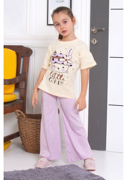 Ispanyol Paça Tayt Pantolon Tavşan Toka Baskılı Oversize Tshirt Kız Çocuk Alt Üst Takım
