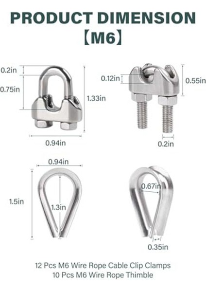 Askı 1/4 Inç M6 Tel Halat Kablo Kelepçesi Yüksük Kablo Kelepçesi Takımı, 12 Takım (Yurt Dışından) fiyatları
