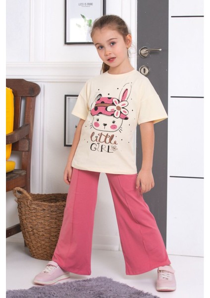 Ispanyol Paça Tayt Pantolon Tavşan Toka Baskılı Oversize Tshirt Kız Çocuk Alt Üst Takım