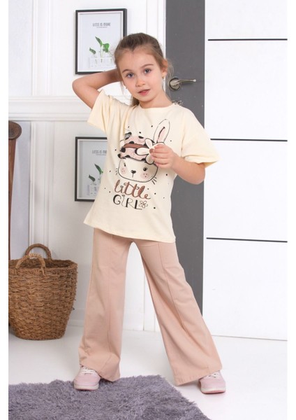 Ispanyol Paça Tayt Pantolon Tavşan Toka Baskılı Oversize Tshirt Kız Çocuk Alt Üst Takım