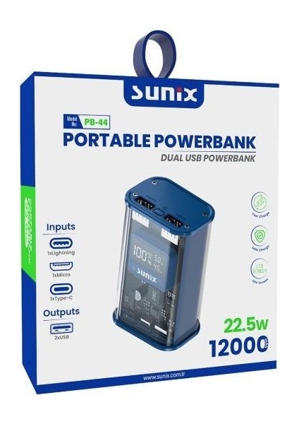 12000 Mah 22.5W Dual USB LED Göstergeli Powerbank Mavi Pb-44