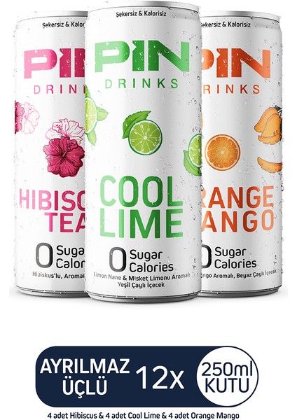 Ayrılmaz Üçlü - Hibiskus & Cool Lime & Orange Mango - Şekersiz & Kalorisiz 250 ml x 12 Adet Ice Tea