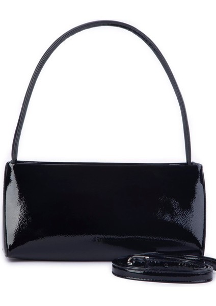 Kadın Basic Baget Omuz ve Çapraz Çanta - Siyah Rugan (27X12 Cm)