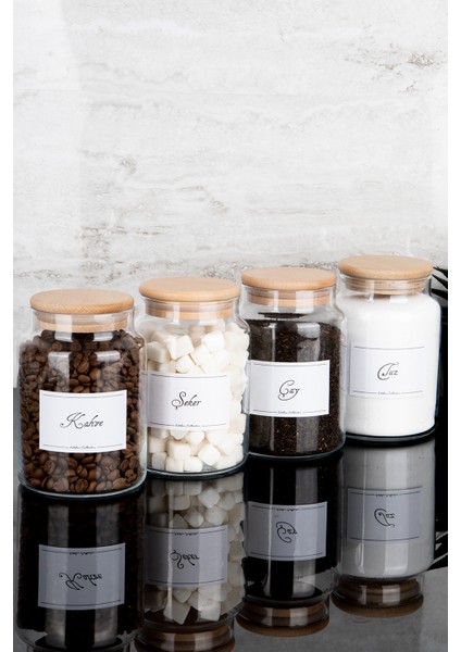 4'lü Ahşap Vakum Kapaklı Çay Şeker Kahve Tuz Etiketli Cam Kavanoz Seti Saklama Kabı 800 ml