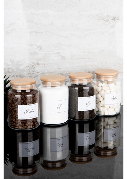 4'lü Ahşap Vakum Kapaklı Çay Şeker Kahve Tuz Etiketli Cam Kavanoz Seti Saklama Kabı 800 ml fiyatları