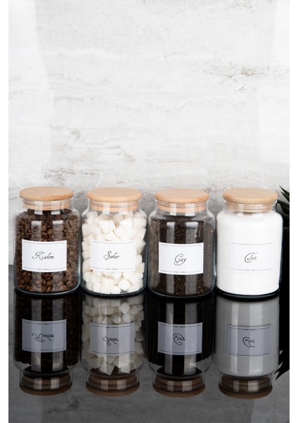 4'lü Ahşap Vakum Kapaklı Çay Şeker Kahve Tuz Etiketli Cam Kavanoz Seti Saklama Kabı 800 ml modelleri