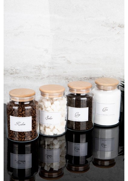 4'lü Ahşap Vakum Kapaklı Çay Şeker Kahve Tuz Etiketli Cam Kavanoz Seti Saklama Kabı 800 ml fırsatları