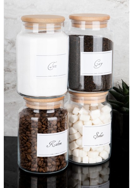 4'lü Ahşap Vakum Kapaklı Çay Şeker Kahve Tuz Etiketli Cam Kavanoz Seti Saklama Kabı 800 ml indirimleri