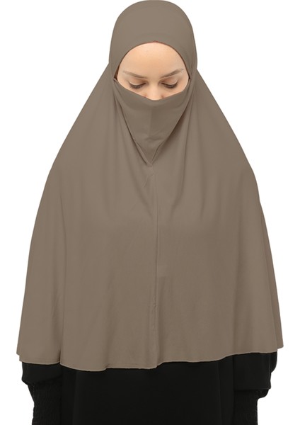 Hazır Türban Peçeli Pratik Eşarp Tesettür Nikaplı Hijab - Namaz Örtüsü Sufle (3Xl) - Koyu Vizon