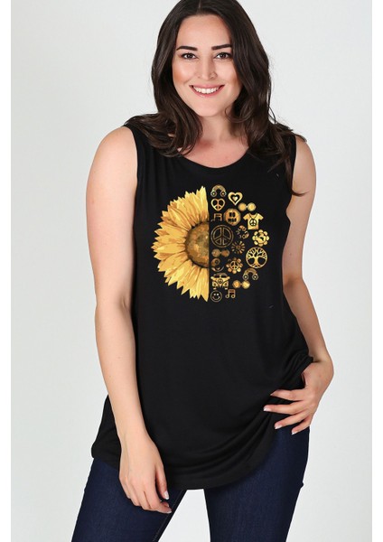 Büyük Beden Sun Flower Baskılı Kolsuz Viskon Basic Bluz
