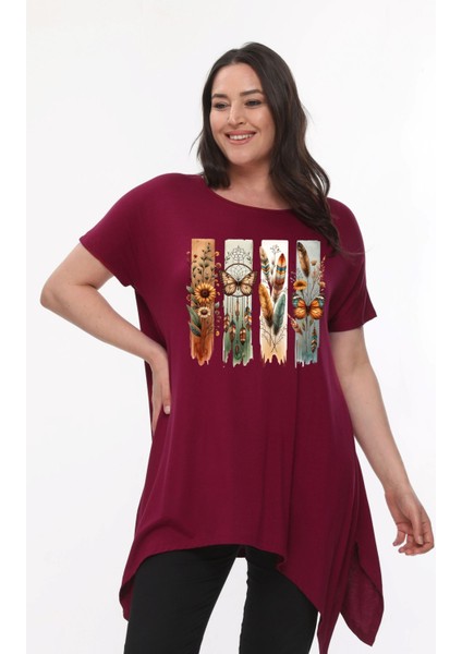 Büyük Beden Bohem Kelebek Baskılı Kısa Kol Yırtmaçlı Basic Bluz