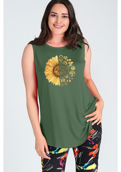 Büyük Beden Sun Flower Baskılı Kolsuz Viskon Basic Bluz