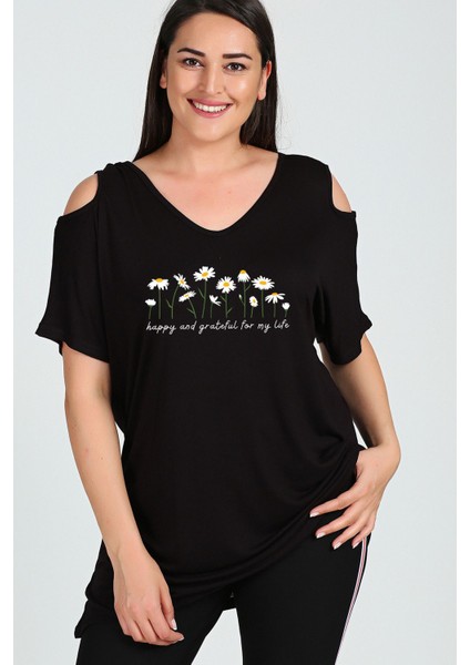 Büyük Beden Daisies Baskılı Omuzu V Pencere Kısa Kol Bluz