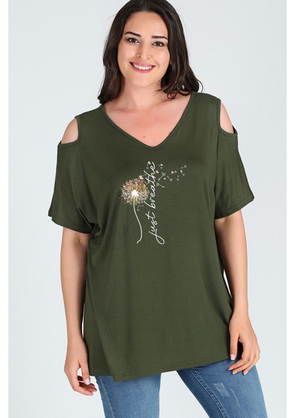 Büyük Beden Breathe Baskılı Omuzu V Pencere Kısa Kol Bluz