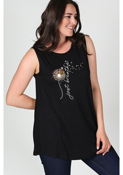 Büyük Beden Breathe Baskılı Kolsuz Viskon Basic Bluz