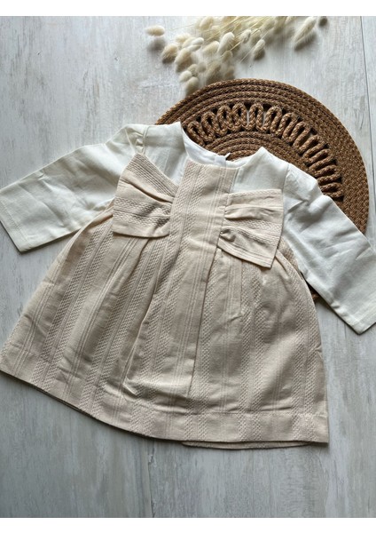 Fukukum Baby Fiyonk Detaylı Desenli Açık Sarı Kız Bebek Elbise