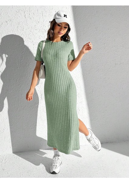 Kadın Kısa Kollu Bisiklet Yaka Yırtmaç Detay Fitilli Kaşkorse Tam Boy Elbise fiyatları