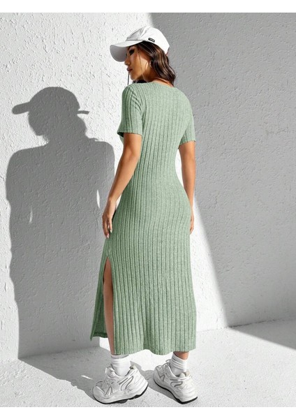 Kadın Kısa Kollu Bisiklet Yaka Yırtmaç Detay Fitilli Kaşkorse Tam Boy Elbise modelleri