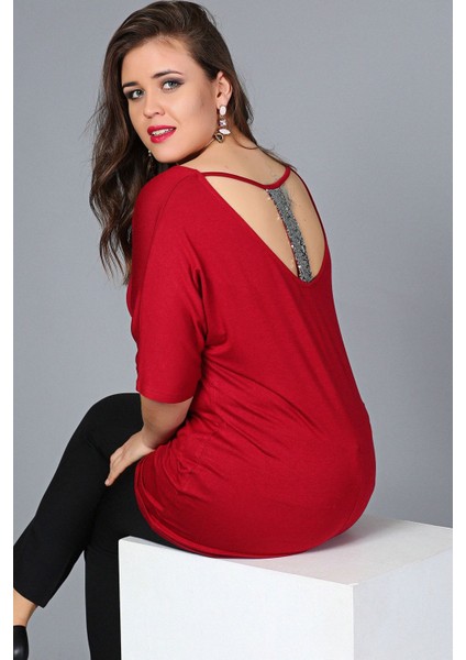 Büyük Beden Sırt Dekolteli Pul Payet Bantlı Yarım Kol Bluz